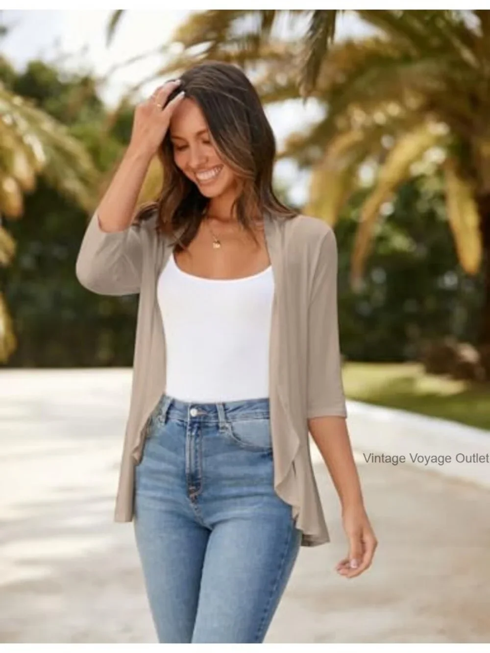 Lightweight Open Front Cardigan 3/4 Sleeve Draped Ruffles Spring Summer